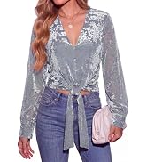 PRETTYGARDEN Women Double Lined Long Sleeve Shirts Tie Knot Front Crop Tops | Sheer Sleeves, Velv...