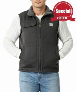 Men's Waterproof Fleece-Lined Work Vest Loose Fit                                                          Mock-neck design for extra coverage and all-day warmth.
