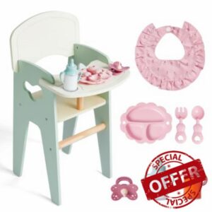 Giant bean Wooden Baby Doll High Chair with Feeding Set for 18 Inch Dolls Green Colo