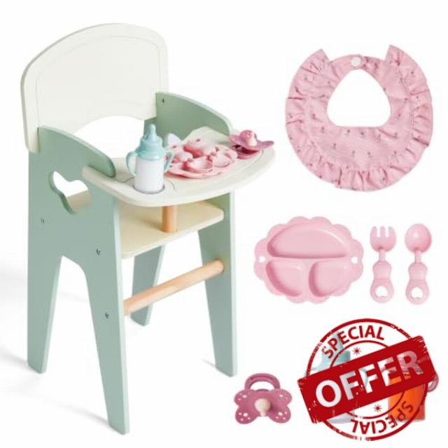 Giant bean Wooden Baby Doll High Chair with Feeding Set for 18 Inch Dolls Green Colo