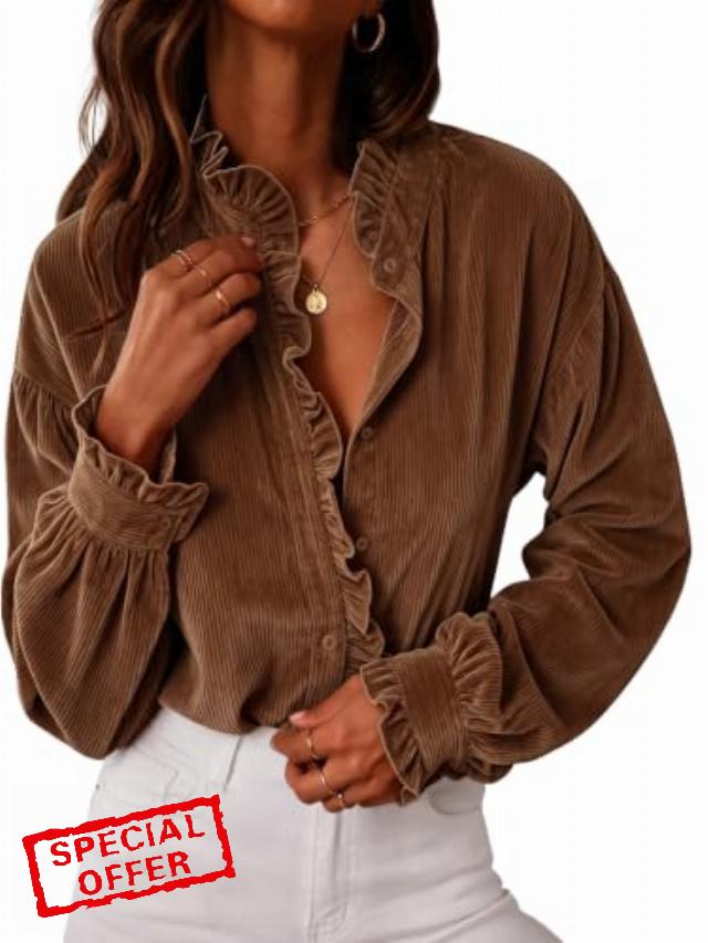 Flowyair Womens Corduroy Ruffle Shirt Ruffled Button Down Blouses                                                          Ruffle Trim Design