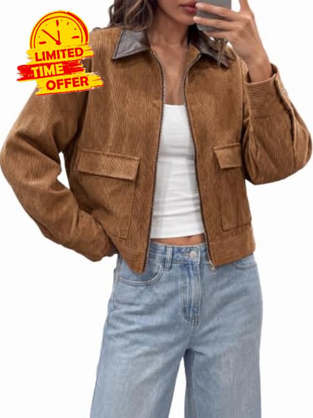 Tankaneo Womens Cropped Corduroy Jackets Oversized Zip Up Barn Bomber Coat                                                          Lightweight