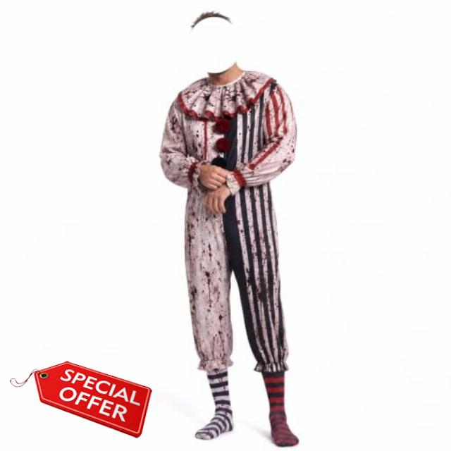 Scary Bloody Clown Costume for Men Halloween Cosplay Jumpsuit                                                          4-Piece Complete Set