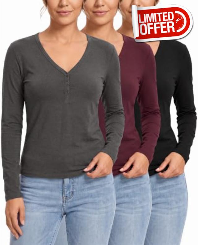 3 Pack Womens Cotton V Neck Henley Shirts Long Sleeve Tops Casual Work Tees                                                          Sizes S-XXL