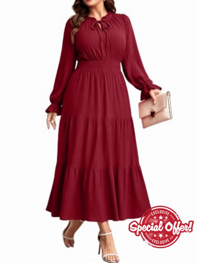 Women's Plus Size Fall Wedding Guest Dress Swiss Dot V Neck Long Sleeve                                                          A Line