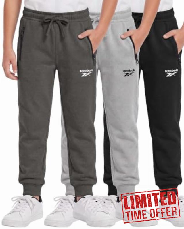Reebok 3 Pack Boys Fleece Joggers Zipper Pockets Athletic Pants Sweatpants                                                          Kids Teen Youth