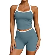UOUA Womens Workout Set 2 Piece Gym Outfit High Waisted Tummy Control Shorts Halter Padded Sports...