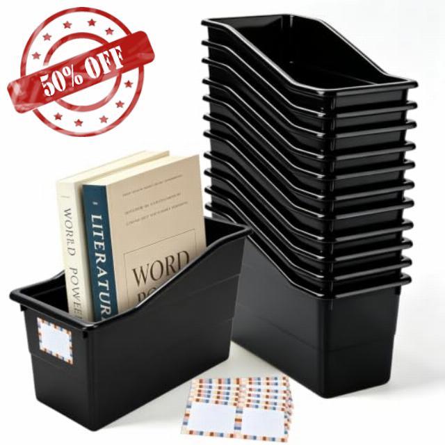 12 Pack Book Bins for Classroom Stackable Plastic Storage with Labels                                                          11.5 x 7.5 x 5.5 in