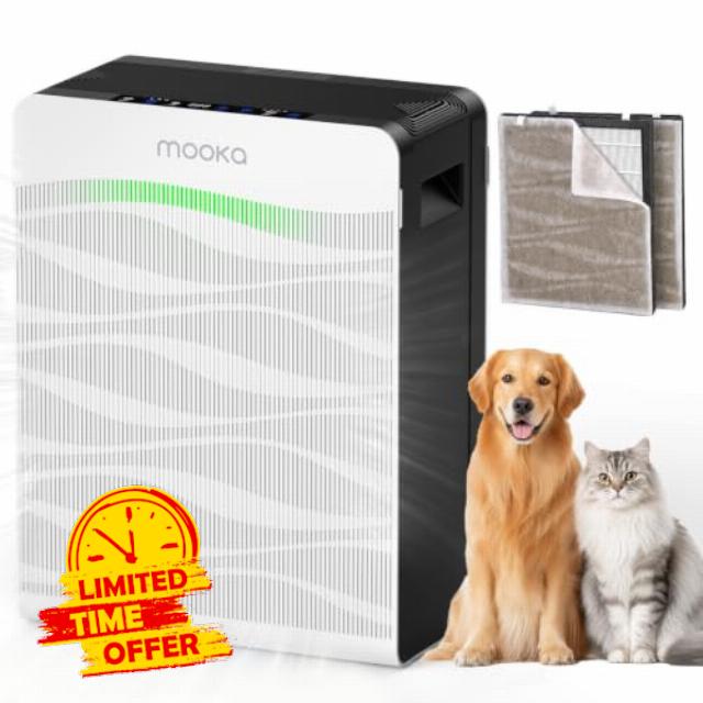 MOOKA Air Purifier for Home Pet Large Room 2800Ft² Dual Washable Pre-Filter PM2.5 Air Quality Sensor