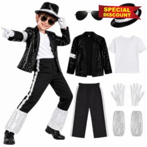 DACHUI 7-Piece Set of Dance Star Kids Costume 80s 90s Pop Stage Cosplay                                                          Sequin Jacket & Accessories、Halloween Dance Outfit Set、Role Play