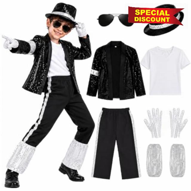 DACHUI 7-Piece Set of Dance Star Kids Costume 80s 90s Pop Stage Cosplay                                                          Sequin Jacket & Accessories、Halloween Dance Outfit Set、Role Play