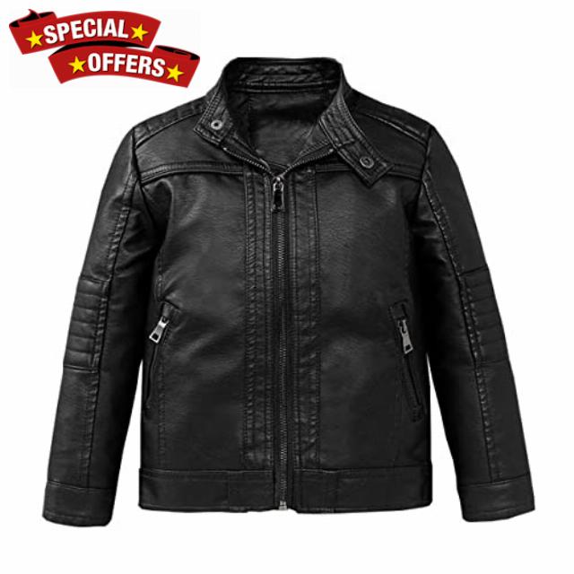 Boys Stand Collar Faux Leather Biker Jacket Motorcycle Coat for kids3-14Y                                                          Zip front · PU leather · Water-resistant · Lightweight · Spring fall winter · School