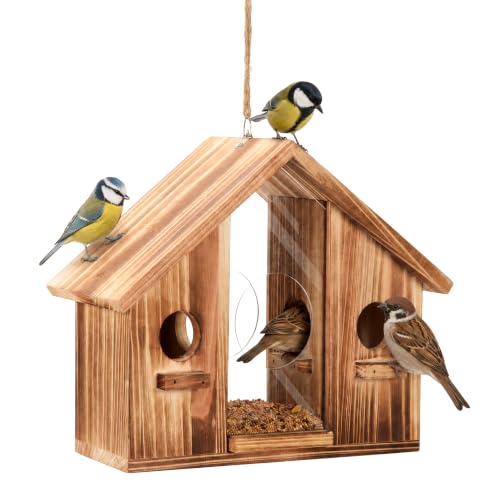 Outdoor Birdhouse Nesting Box for Gardens or Patio Natural Wood Double Bird House with Hanging Rope-Nest Box for Backyard