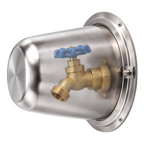 Stainless Steel with Insulated Foam Liner                                                          Removable insulated cover for winter use; Wall-mounted base with two sliding latches for easy faucet access