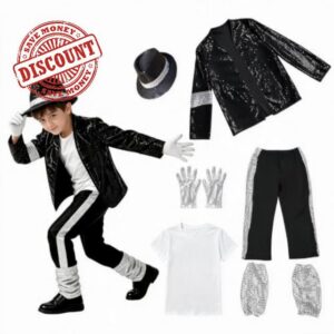 6Pcs Kids Retro 80s 90s Pop Star Dress Up Costume Set for Party                                                          Costume Set: 6-Piece 80s 90s pop star outfit with sequin jacket