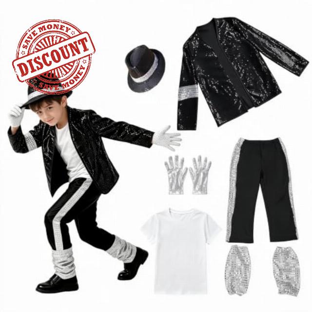 6Pcs Kids Retro 80s 90s Pop Star Dress Up Costume Set for Party                                                          Costume Set: 6-Piece 80s 90s pop star outfit with sequin jacket