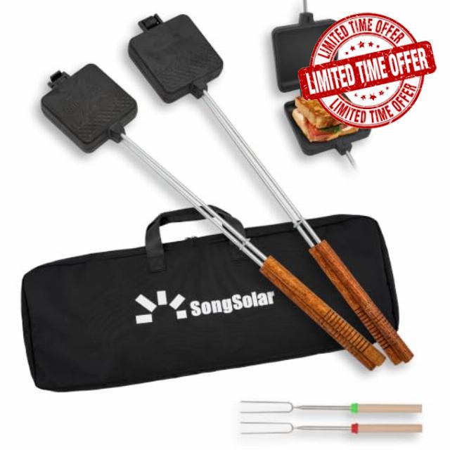 Cast Iron Pie Iron 2 Pcs Campfire Sandwich Maker with Storage Bag                                                          5.1" Mountain Pie Maker with 22.6" Thickened Handles & Smores Sticks