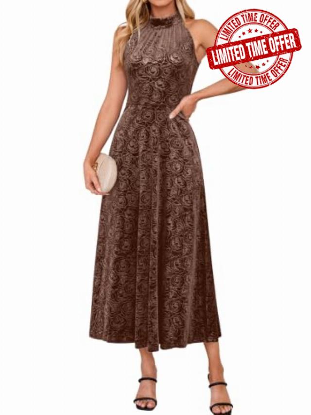 Simplee Fall Velvet Halter Womens Dress Maxi Wedding Guest Cocktail Dresses                                                          Floral Aline Sleeveless