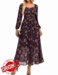 GRACE KARIN Women's Fall Long Sleeve Floral Wedding Guest Maxi Dress                                                          Sweetheart Neck Smocked Long Dress
