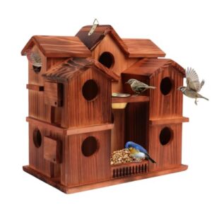 Carbonized Wood Birdhouses for Outdoor                                                          Bird Houses with Feeding Platform & Water Dish