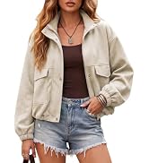 EXLURA Womens Fall Faux Suede Bomber Jacket Oversized Cropped Coat Long Sleeve Stand Collar Zip U...