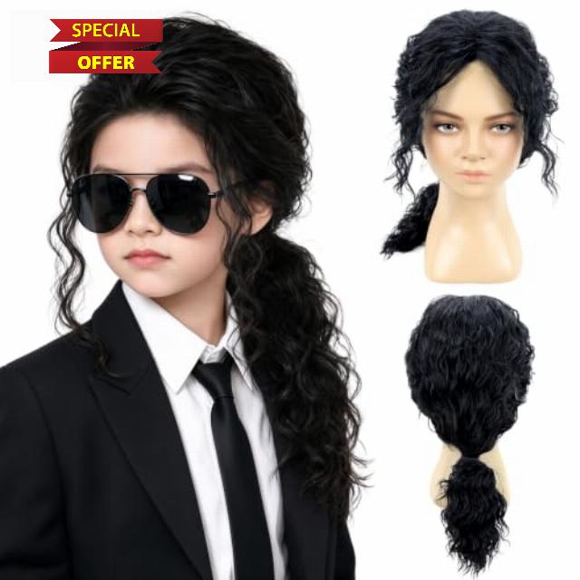 Black Long Wavy Ponytails Wig for Kids Boys Wig                                                          Black Long Ponytails Wig with Bangs Halloween Cosplay Costume Party Daily Wig