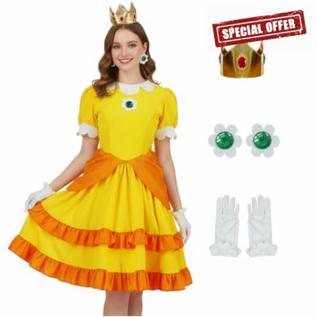 Princess Costume Adult Princess Dress Skirt for Women Halloween Cosplay Dress with Crown Earrings Gloves