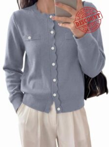 PRETTYGARDEN Womens Lightweight Cardigan Sweaters Scalloped Trim Fall Tops                                                          Long Sleeve Knit Cardigan