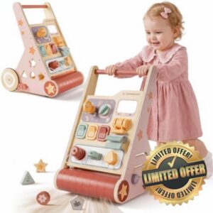TOPBRIGHT Wooden Baby Walker with Activity Center for 1 Year Old Girl Gifts                                                          10-in-1 Montessori Push Walker for Babies Learning to Walk