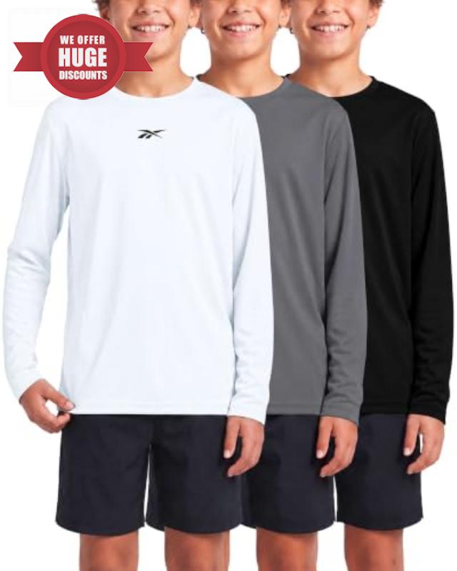 Reebok 3 Pack Boys Long Sleeve Dry Fit Athletic T Shirt Kids Youth Tee                                                          Sizes 6-18