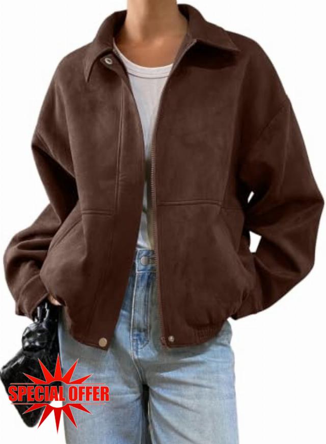 SHEWIN Women's Faux Suede Bomber Jacket Oversized Zip Up Cropped Coat                                                          Cozy