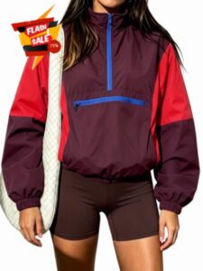 Fisoew Womens Windbreaker Jackets Quarter Zip Lightweight Fall Pullover Top                                                          Vintage Color Block