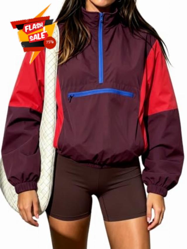 Fisoew Womens Windbreaker Jackets Quarter Zip Lightweight Fall Pullover Top                                                          Vintage Color Block