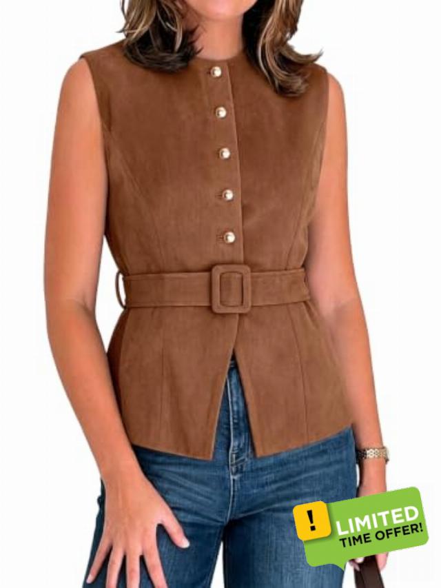 Cicy Bell Women Suede Button Down Vest Crew Neck Fitted Tank Tops With Belt                                                          Sleeveless Jacket