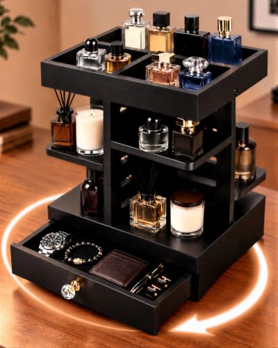 3-Tier Solid Pine Wood Perfume Display Stand with Flocked Top Tray & Storage Drawer