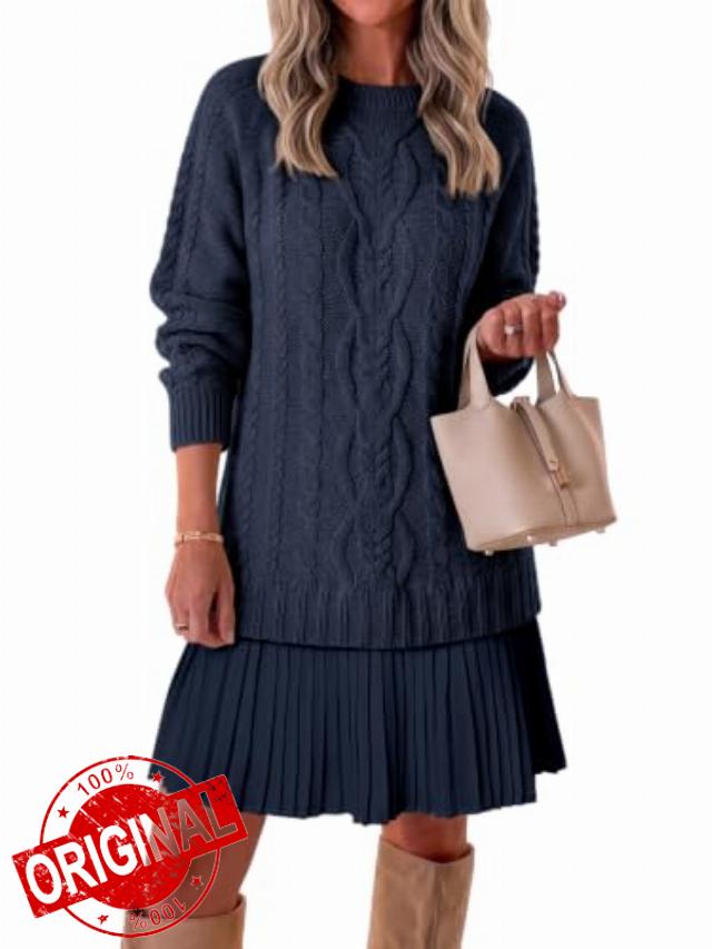 Saodimallsu Womens Cable Knit Sweater Dress Patchwork Pleated Long Sleeve Crewneck Fall Chunky Preppy Mini Dresses
