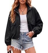 EXLURA Womens Fall Faux Suede Bomber Jacket Oversized Cropped Coat Long Sleeve Stand Collar Zip U...