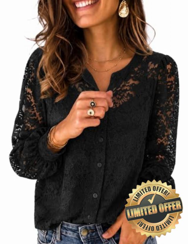 Zeagoo Long Sleeve Shirts for Women Lace Top Button Up Blouse Dressy Casual                                                          Lace Sheer Tops