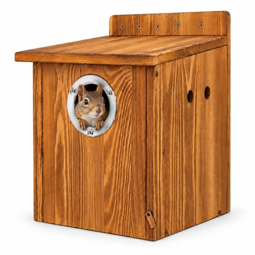 Wooden Squirrel Nesting Box                                                          Pine wood construction with metal-rimmed entrance