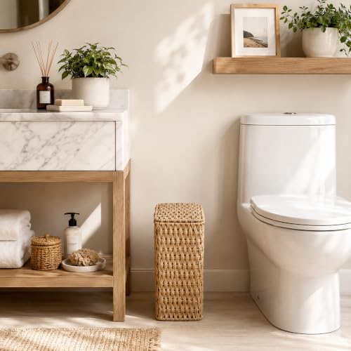Paper Rope Bathroom Trash Can with Lid Rattan Narrow Garbage Can with Removable Liner