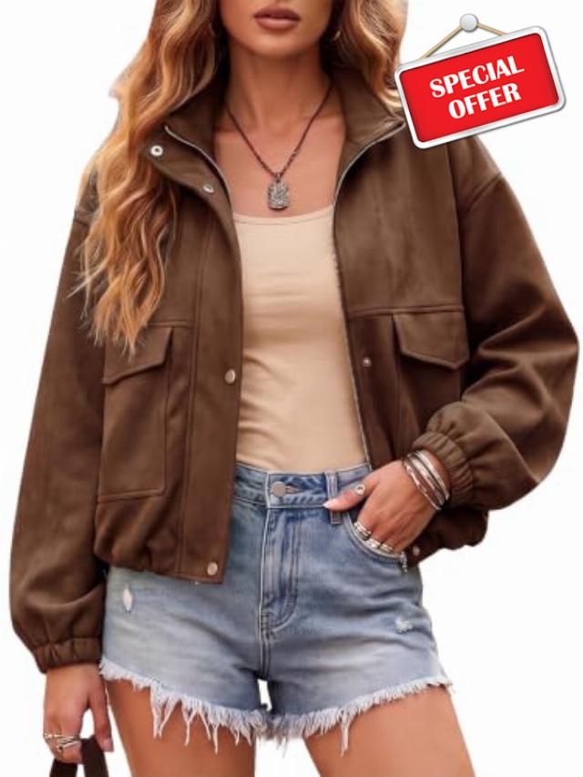 EXLURA Womens Fall Faux Suede Bomber Jacket Oversized Cropped Coat Long Sleeve Stand Collar Zip Up Jackets with Pockets 2026