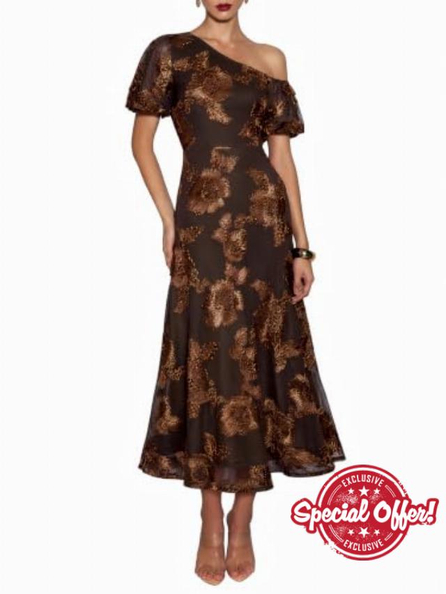 Womens Floral Mesh Wedding Guest Cocktail One Shoulder Midi Dress                                                          2026 Fall Dress