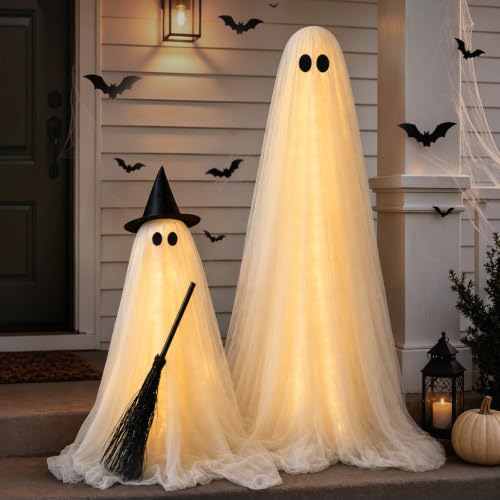 2 Packs Light-Up Spooky Ghost Witch Broom Halloween Decorations Indoor with Remote Control Cute Spooky Halloween Ghost Decor for Porch Yard Lawn Home