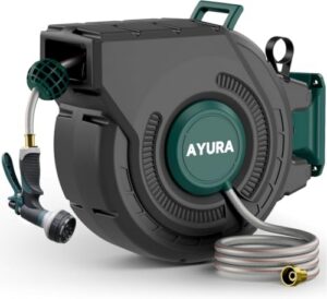 Automatic Slow Rewind System                                                          Heavy Duty Automatic Garden Hose Reels with Kink-Free Rewind and Lock at Any Length