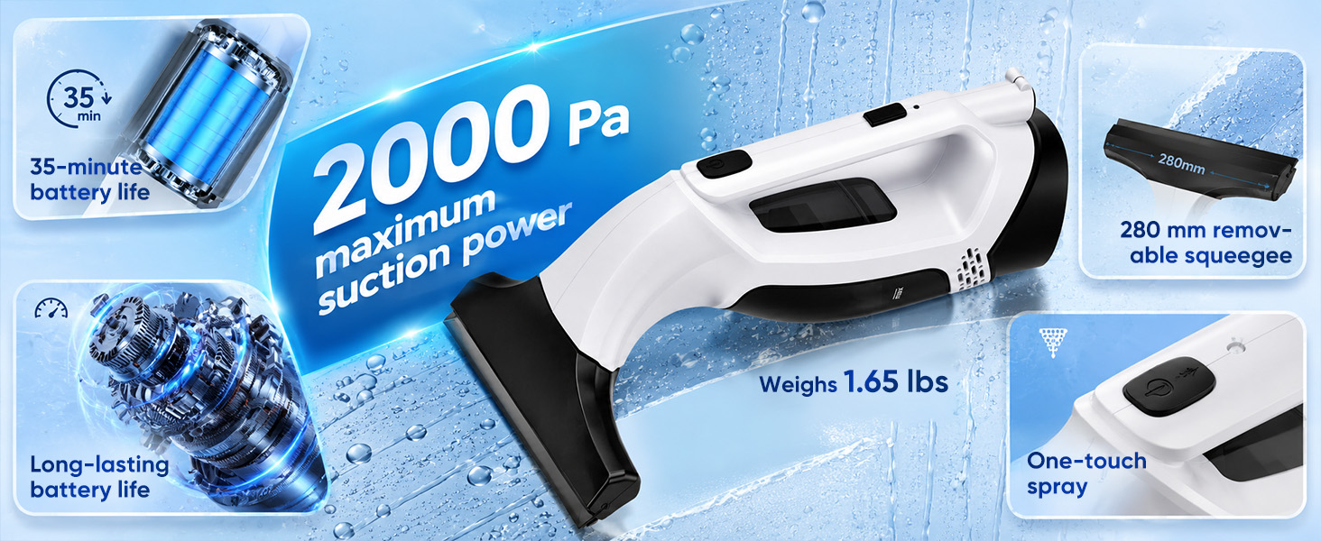 Window Vacuum Squeegee Cordless, Electric Window Vacuum Squeegee with 31-40 Inch Extension Pole