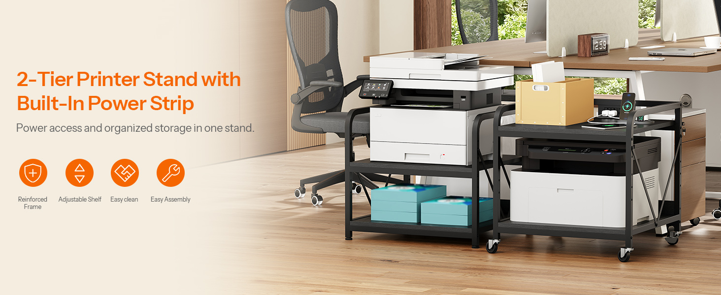 Printer Stand with Built-in Power Strip and Adjustable Shelf