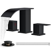 FORIOUS Black Bathroom Faucets, Matte Black Waterfall Bathroom Faucet 3 Hole with Metal Pop up Dr...