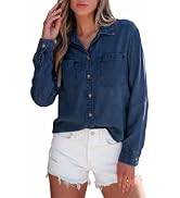 Sidefeel Womens Long Sleeve Denim Shirt Button Down Collared Jean Top Blouse with Pockets