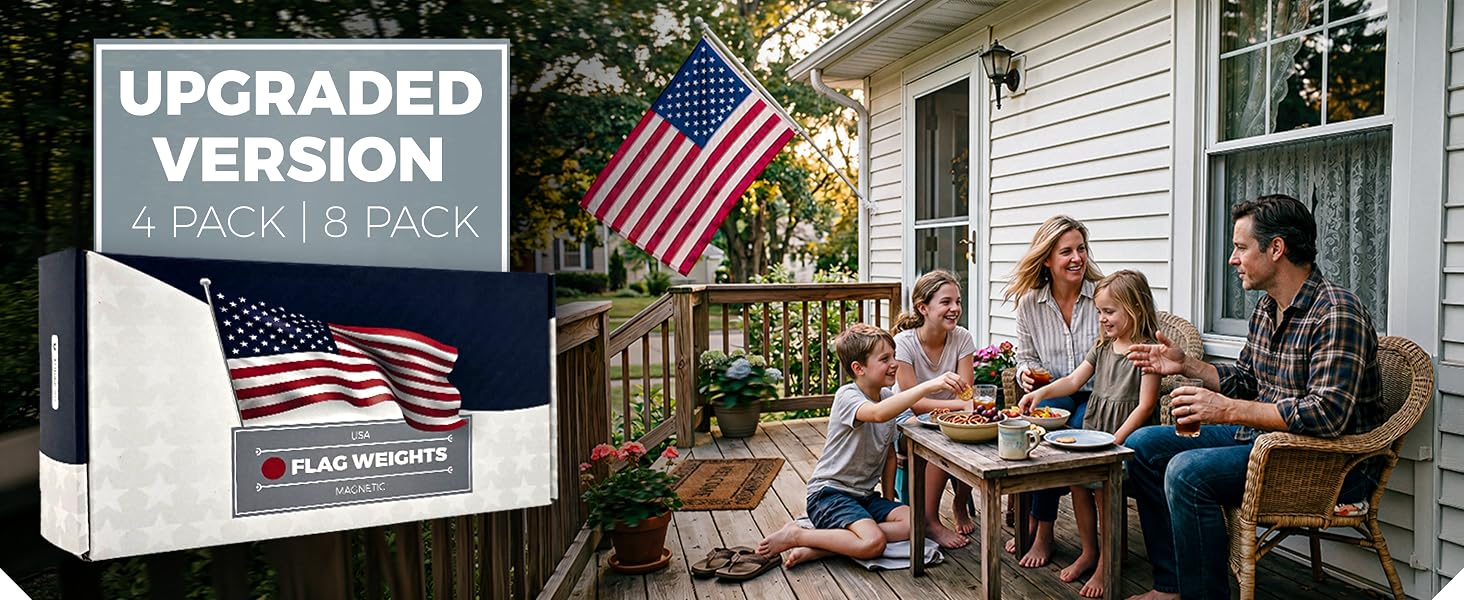 Product packaging shown beside an American flag displayed on a family patio