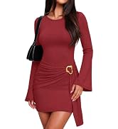 WIHOLL Women’s Textured Long Sleeve Bodycon Mini Dress Black | Crew Neck Bell Sleeve Ruched Faux ...